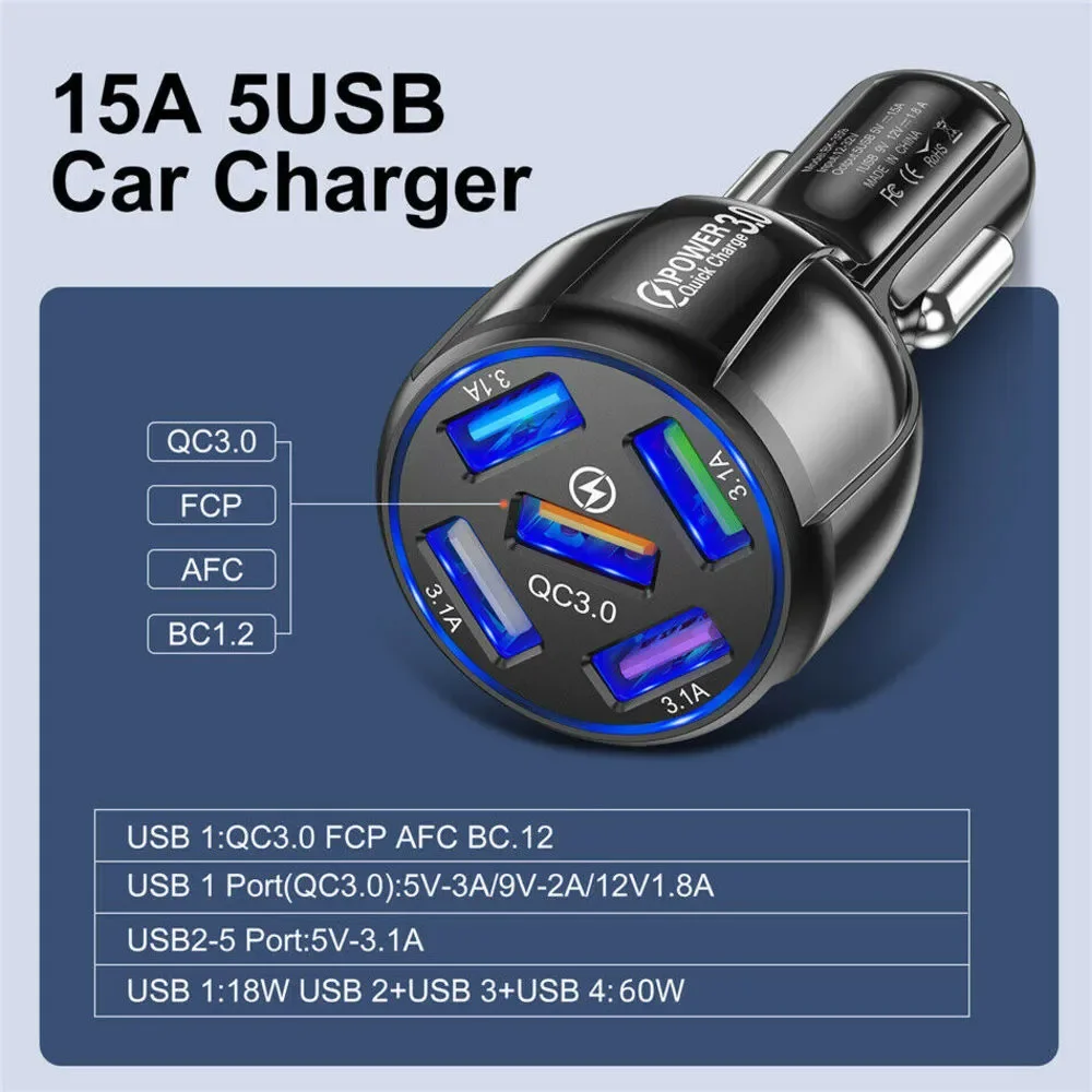 PBG 5 Port LED Car Charger and 4 in 1 Nylon 4 FT Charging Cable Bundle - Picture 6 of 10